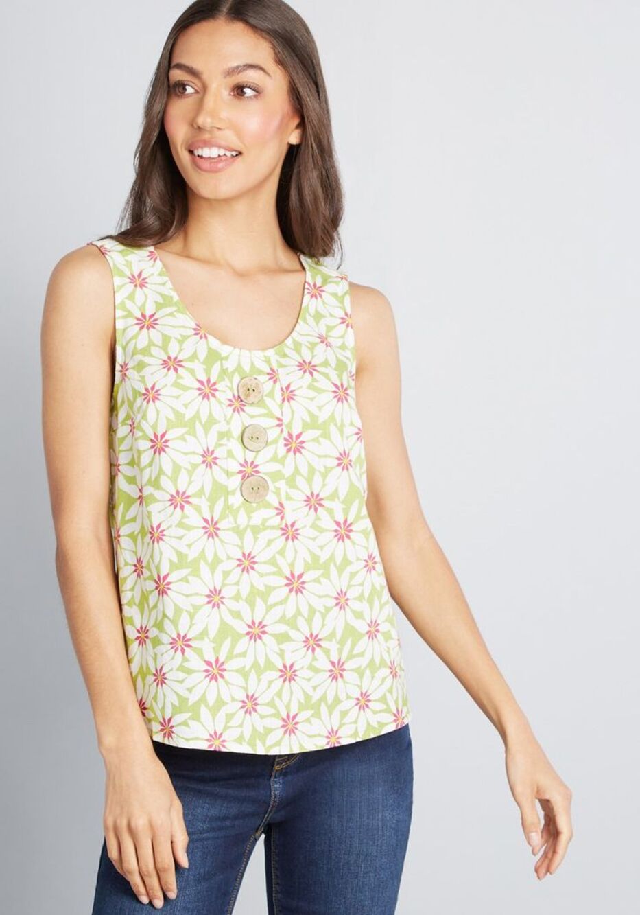 ModCloth Love Of Buttons Sleeveless Linen Top Green Floral Womens Sz XXS NWT